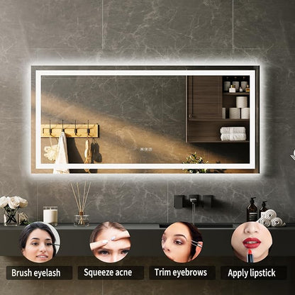 LED Bathroom Mirror 55 x 26 inch, Lighted Bathroom Vanity Mirror with Front Light and Backlit LED, Frameless Wall Mounted Bathroom Mirror with Adjustable Color Temperature