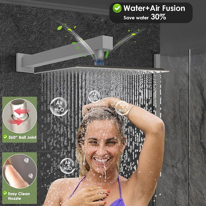 Enga Full Body Shower System with Body Sprays Jets, 12 Inch Rain Shower Wall Mounted, All Metal Multiple Shower Head System, Contain Rough-in Shower Valve, Brushed Nickel