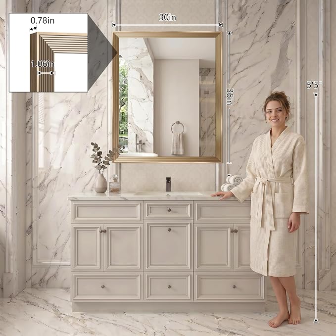 DESBING 30"x36" Gold Bathroom Mirrors for Over Sink | Tempered Glass, Metal Frame, Rectangle Vanity Wall Mirror for Bathroom, Living Room, Bedroom, Horizontally or Vertically