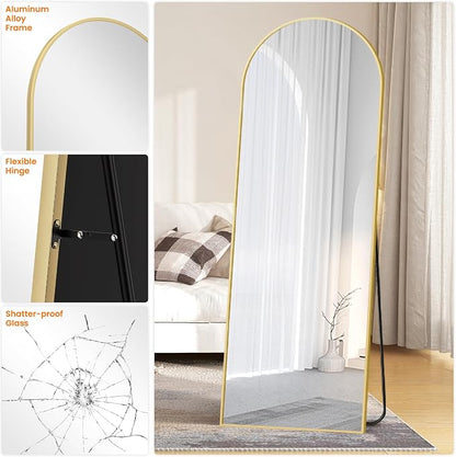 Arched Full Length Mirror, 70"x24" Standing Body Mirror for Wall, Gold | Built-in Stand, HD Shatterproof Glass, Aluminum Alloy Frame, Hanging or Standing, for Bedroom, Living Room & Dressing Room