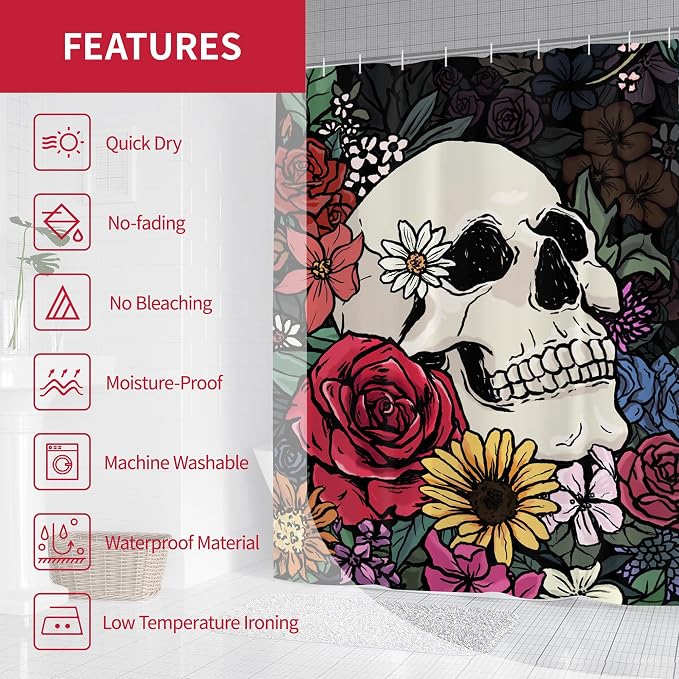 Halloween Gothic Hippie Skull Skeleton Shower Curtain for Bathroom 72W*72H Inch Scary Spooky Rustic Horror Vintage Floral Bathtub Hallowmas Decor Waterproof Polyester Fabric Set with 12 Hooks