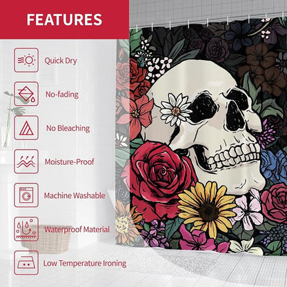 Halloween Gothic Hippie Skull Skeleton Shower Curtain for Bathroom 72W*72H Inch Scary Spooky Rustic Horror Vintage Floral Bathtub Hallowmas Decor Waterproof Polyester Fabric Set with 12 Hooks