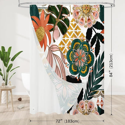3 in 1 Pink Floral Shower Curtain Set with PEVA Liner & 12 Hooks, 72 x 84 | Boho Tropical Botanical Style, Farmhouse Floral Fabric, Modern Hotel Inspired, Water‑Repellent, Machine Washable