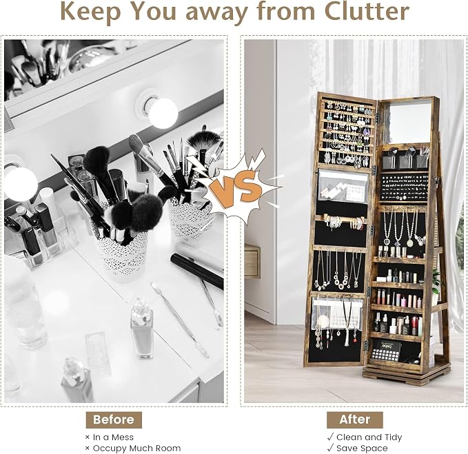 COSTWAY 360 Rotating Jewelry Armoire Cabinet, Standing Jewelry Organizer w/Full-Length Mirror & Large Storage Space, Lockable Mirror Jewelry Cabinet for Girls Women (Rustic Brown)