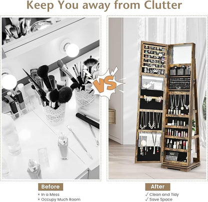 COSTWAY 360 Rotating Jewelry Armoire Cabinet, Standing Jewelry Organizer w/Full-Length Mirror & Large Storage Space, Lockable Mirror Jewelry Cabinet for Girls Women (Rustic Brown)