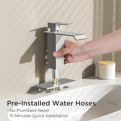 FORIOUS Bathroom Faucet Brushd Nickel Modern Waterfall Bathroom Sink Faucet 1 or 3 Hole Single Handle with Deck Plate and Drain, Suitable for Vanity Rv Camper Commerical