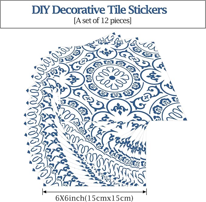 SVNOOC Peel & Stick Tile Stickers 12 PCS Self Adhesive Backsplash Decorative Wall Stickers for Kitchen Bathroom Tile Decals Waterproof & Removable 6" x 6" (Blue)