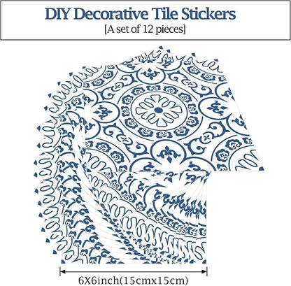SVNOOC Peel & Stick Tile Stickers 12 PCS Self Adhesive Backsplash Decorative Wall Stickers for Kitchen Bathroom Tile Decals Waterproof & Removable 6" x 6" (Blue)