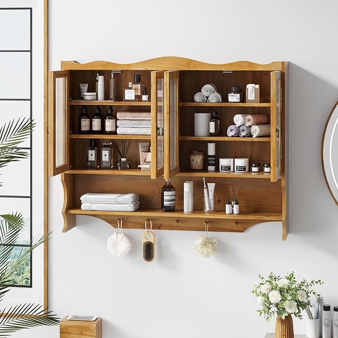 KEIKI 39.37" L Wall Mounted Kitchen Sideboard Cabinet with 4 Glass Door, 5 Hook Rack, 4 Layers Shelves, Retro Storage Buffet Medicine Cabinet for Bathroom, Dining Rooms, Entryway, Solid Wood, Natural