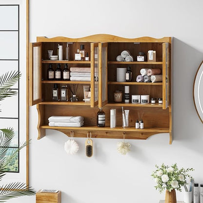 KEIKI 39.37" L Wall Mounted Kitchen Sideboard Cabinet with 4 Glass Door, 5 Hook Rack, 4 Layers Shelves, Retro Storage Buffet Medicine Cabinet for Bathroom, Dining Rooms, Entryway, Solid Wood, Natural