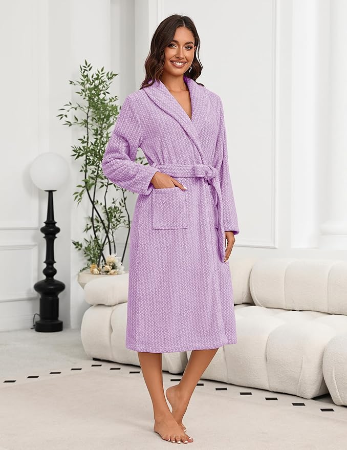 Ekouaer Women's Robe Long Plush Soft Bathrobe Cozy Warm Robes Shawl Collar Sleepwear with Pockets