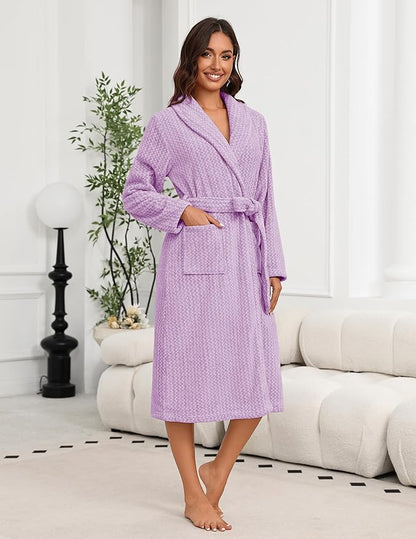 Ekouaer Women's Robe Long Plush Soft Bathrobe Cozy Warm Robes Shawl Collar Sleepwear with Pockets