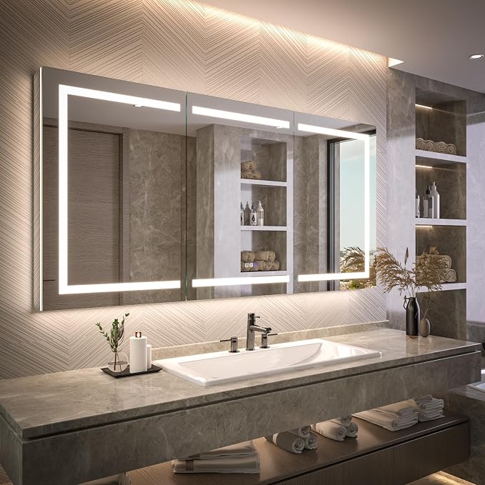 72W×36H Inch Smart LED Medicine Cabinet with Mirror, Bathroom Storage Medicine Cabinet, 3 Color Stepless Dimming & Anti-Fog, 5X Magnifier, Night Light, 3 Doors, DTC Soft-Close Hinges