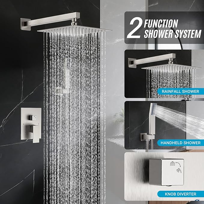 Shower Faucet Set With Shower Head And Handheld,Brush Nickel Shower System | Wall Mounted,2-Function SUS304 Rain Head and Handle System，Shower Valve Body