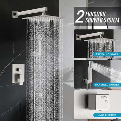 Shower Faucet Set With Shower Head And Handheld,Brush Nickel Shower System | Wall Mounted,2-Function SUS304 Rain Head and Handle System，Shower Valve Body