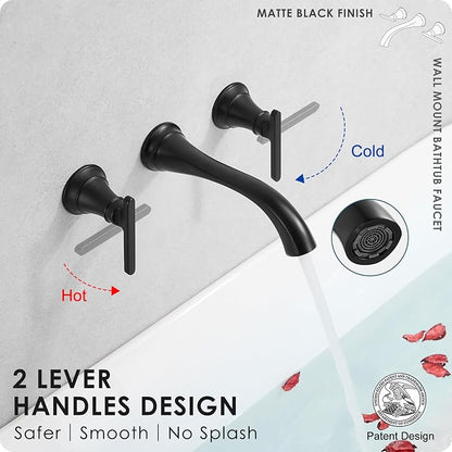 Brass Tub Filler Wall Mount 3 Hole, Farmhouse Black Tub Faucet, High Pressure 2 Handle Matte Black Bathtub Faucet Set with Long Spout Reach, Rough-in Valve