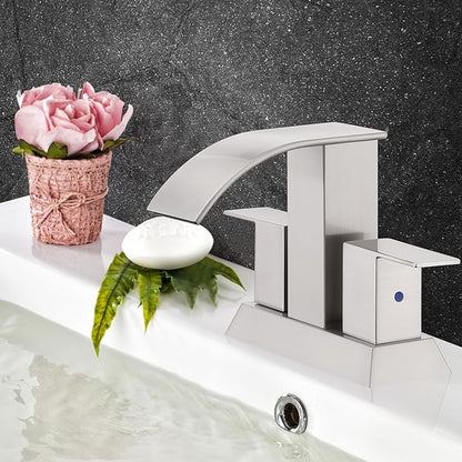 Brushed Nickel Waterfall Bathroom Faucet - 4Inch 2 or 3 Holes Centerset Faucet Bathroom | Two Handles RV Lavatory Basin Vanity Sink Faucets with Overflow Pop-up Drain Assembly & Supply Lines