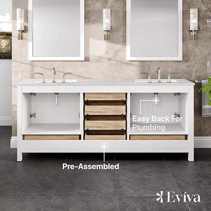 Eviva Aberdeen 78 in. White Double Sink Bath Vanity with Carrara Quartz Top and Undermount Porcelain Sinks