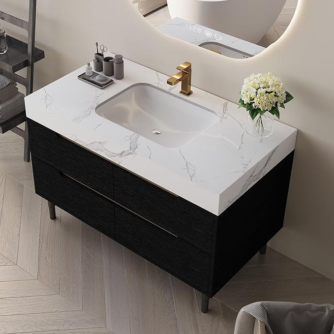 36" Bathroom Vanity with Undermount Sink Set, Modern Black 2-in-1 Wall Mounted & Freestanding Bathroom Vanity Cabinet with Sintered Stone top&4 Storage Drawers, Bathroom Single Sink Cabinet