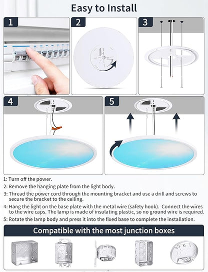 16 Inch Flush Mount Ceiling Light with Blue Sky Cover, Dimmable Ceiling Lamp with Remote, 32W LED Lighting Fixtures Sunlight Effect, Modern Slim Design for Classroom Bedroom Living Room, Round White