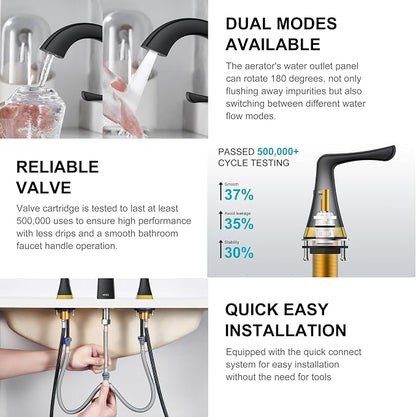 Black and Gold Bathroom Faucets for Sink 3 Hole 2 Handle Widespread | Bathroom Vanity Faucet with Pop Up Drain & Supply Lines, Lead-Free cUPC & NSF Certified, 8 Inch Faucet for Vanity RV Sink
