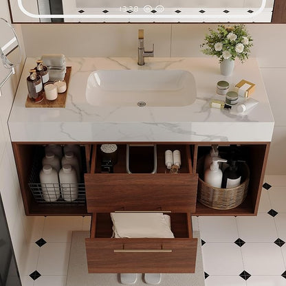 40 inch Modern Floating Bathroom Vanity with Sink, Wall Mounted Bathroom Cabinet with Ceramic Sink, Sintered Stone Countertop, 2 Soft Closing Drawers & Open Storage Shelf, Walnut