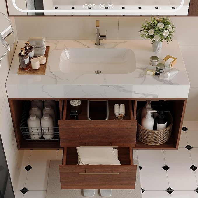 40" Bathroom Vanity with Sink Set, Modern Wall Mounted Bathroom Vanity Cabinet with Sintered Stone Top&Gold Handle 2 Drawers&2 Open Storage, Single Sink Floating Bathroom Vanities,Walnut