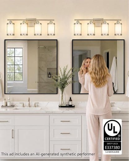 4-Light Brushed Nickel Bathroom Light Fixtures with Milk White Frosted Glass, 29" UL-Listed Modern Wall Sconce Over Mirror with Metal Cage for Bath, Hardwire E26, OS-3014BNW-4W
