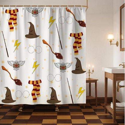 Witchy Preppy Wizard Magic Shower Curtain Kids Fantasy Set 72x72 Inches | Wizard Hat Broom Owl Scarf Magic Print, Kids Bedroom Dorm Guest Housewarming Fantasy Lover Bath Decor, With Hooks