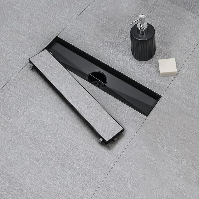 SaniteModar Linear Shower Drain 12 inch Matte Black with Tile Insert Panel | AISI 304 Stainless Steel Black Linear Dain Rectangle Shower Floor Drain with Hair Strainer and Leveling Feet