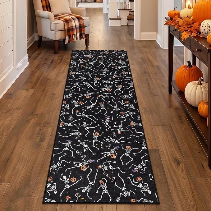 Tribesigns 2x6 Halloween Runner Rug Non Slip Washable Kitchen Runners for Hallways, Ultra Thin Gothic Skeleton Stain Resistant Floor Carpet for Beside Bathroom Laundry Room Decor, Black/2x6