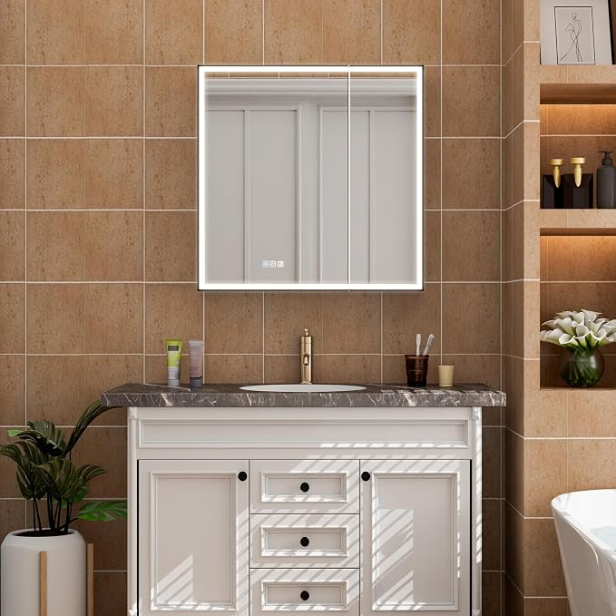 30" X 30" LED Mirrored Medicine Cabinet, Bathroom Medicine Cabinets with Lights for Bathroom, Defogging Function Mirror Cabinet, Medicine Cabinet with USB Port & Outlet, Double Doors