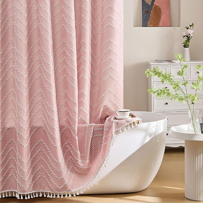 Extra Long Pink Boho Shower Curtain with White Tassel, Woven Fabric 84 in Shower Curtain, Tufted Chevron Striped, 72 x 84, Modern Chic Textured Minimalist Cute Shower Curtain for Bathroom