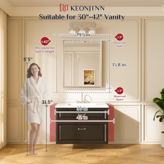 Keonjinn 30" x 36" Brushed Nickel Bathroom Mirrors for Over Sink, Rectangle | Aluminum Alloy Frame, Safe Tempered Glass with Beveled Edge, French Cleat, Silver Vanity Wall Mirror(Vertical/Horizontal)