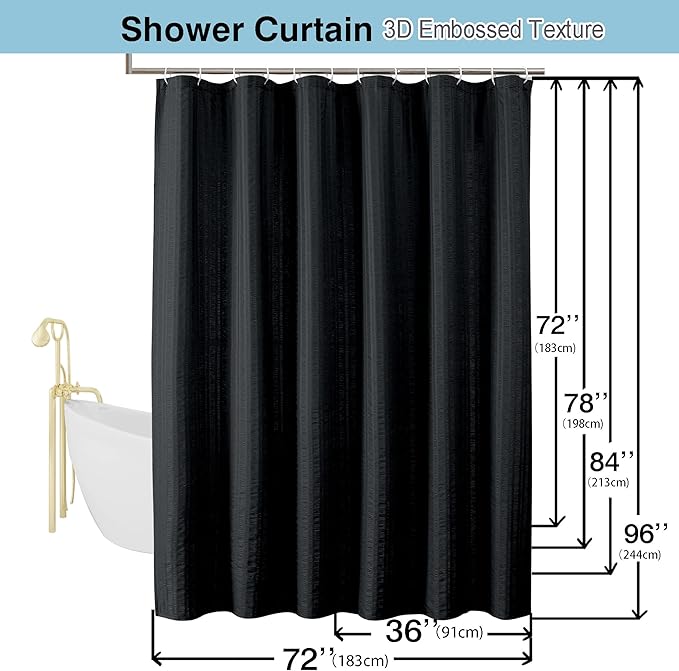 Aiyufeng Moga Black Shower Curtain 84 Inches Long, 3D Embossed Textured Fabric Shower Curtain for Bathroom - Soft Cloth & Hotel Spa Luxury, Machine Washable, 72X84, Black