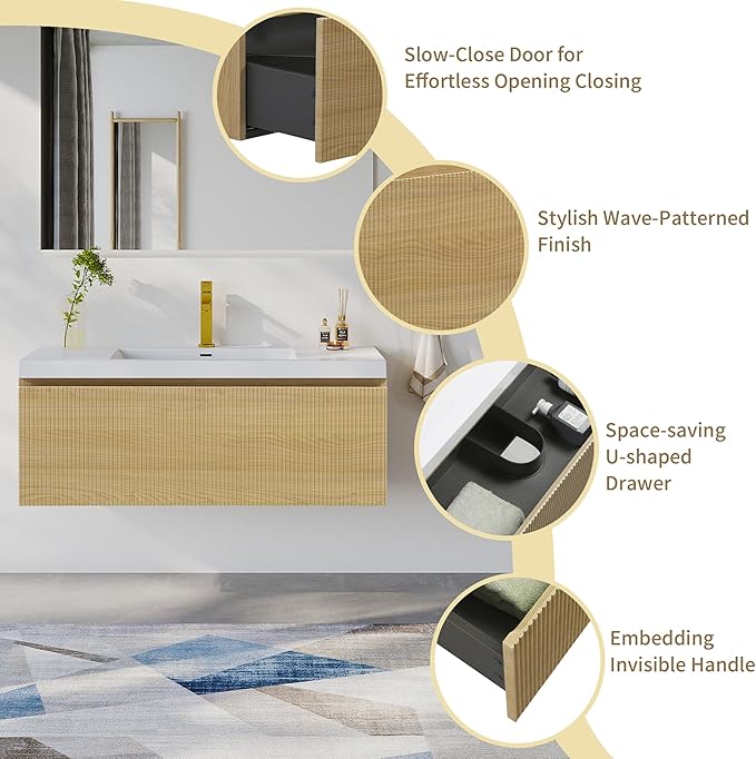 42'' Floating Bathroom Vanity with Sink Combo, Modern Wall-Mounted Striped Bathroom Storage Cabinet with Soft-Close Drawer and Glossy White Solid Surface Basin, No Assembly Required, Natural Oak
