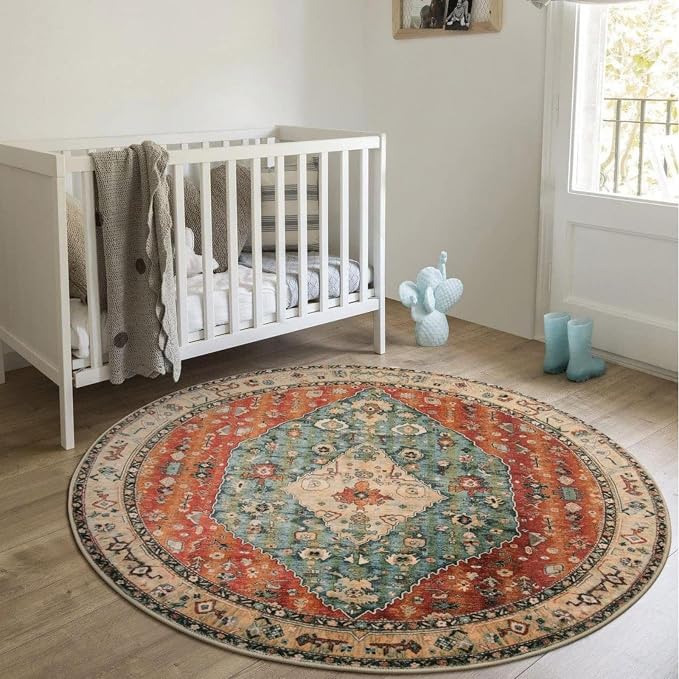 Lahome Boho Tribal Round Rug 4ft Washable Bedroom Round Area Rugs for Entryway, Soft Living Room Circular Rugs, Oriental Non-Slip Foyer Throw Mat Carpet for Nursery Kitchen (Rust/Dull Teal,4ft-Round)