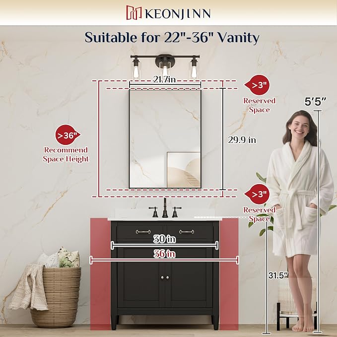 Keonjinn 22x30 Inch Black Bathroom Mirror for Over Sink,HD Tempered Glass | Rectangular, Vanity Mirror, Brushed Framed, Square Corner, Modern Farmhouse, Wall Mounted Mirrors, Aluminum Alloy