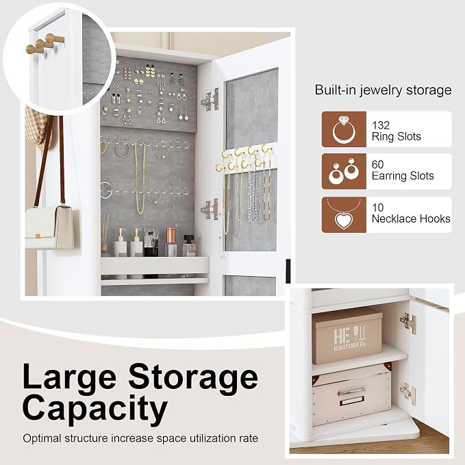 360° Rotating Jewelry Cabinet, 66.5" Standing Jewelry Armoire with Full-Length Mirror + Hidden Storage + 4-Tier Shelf + Coat Racks, Multi-Functional Jewelry Organizer for Bedroom, Entryway
