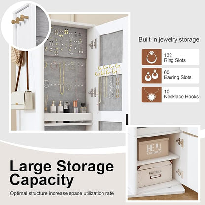 360° Rotating Jewelry Cabinet, 66.5" Standing Jewelry Armoire with Full-Length Mirror + Hidden Storage + 4-Tier Shelf + Coat Racks, Multi-Functional Jewelry Organizer for Bedroom, Entryway