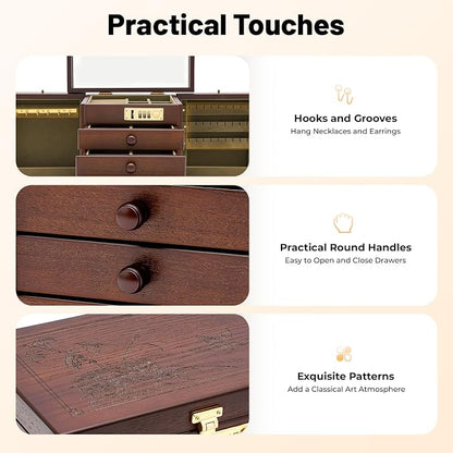 Wooden Jewelry Box, 5 Layers with 4 Drawers Large Locking Jewelry Organizer, Watches Necklace Ring Storage Box for Women (Dark Brown)