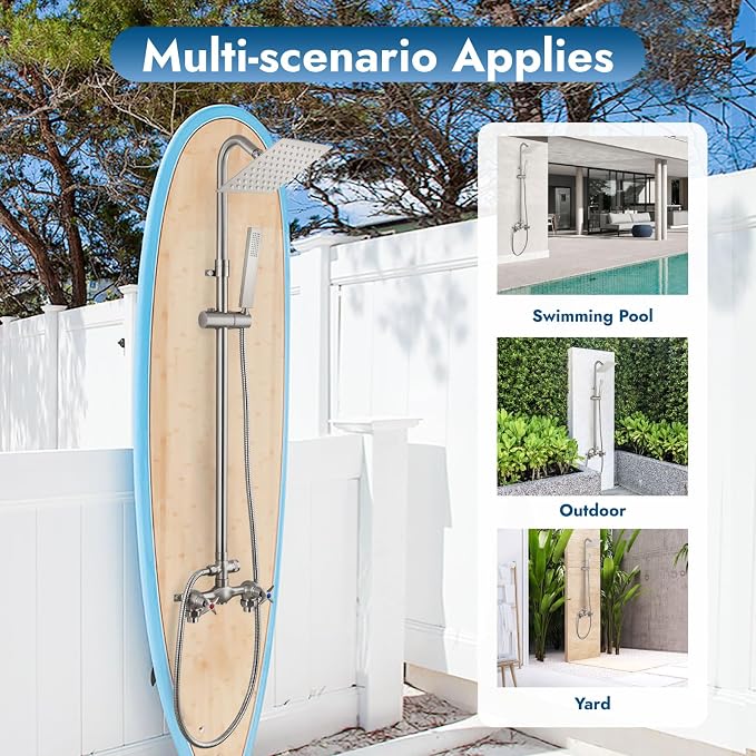 Wall Mounted Outdoor Shower Kit,Outdoor Shower Faucet,Brushed Nickel | 6-Inch Square Rainfall Shower Head with Handheld Spray, Adjustable Slide Bar & Dual Function Design for Flexible Outdoor Use