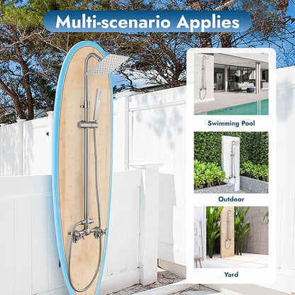 Wall Mounted Outdoor Shower Kit,Outdoor Shower Faucet,Brushed Nickel | 6-Inch Square Rainfall Shower Head with Handheld Spray, Adjustable Slide Bar & Dual Function Design for Flexible Outdoor Use