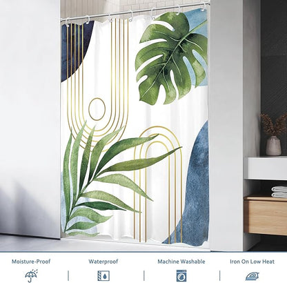 Glawry Narrow Boho Blue Green Shower Curtain Mid Century Modern Abstract Tropical Palm Leaf Botanical Minimalist Bathroom Geometric 48Wx72L Inches Bath Accessories Art Home Decor Fabric 7 Pack Hook