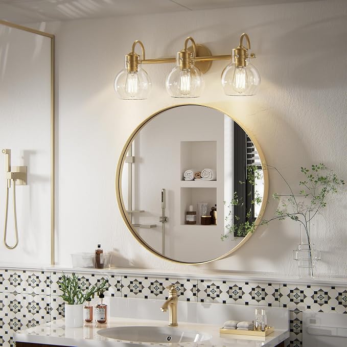 Gold Vanity Light, 3 Light Bathroom Light Fixtures, Modern Bathroom Vanity Lights Fixtures Over Mirror with Clear Globe Glass Shade, Gold Wall Sconces for Bathroom Hallway, E26 Base | Wall Sconce,Painted,Globe Glass Shade,E26 Base,UL Certified,Anti-Rus...
