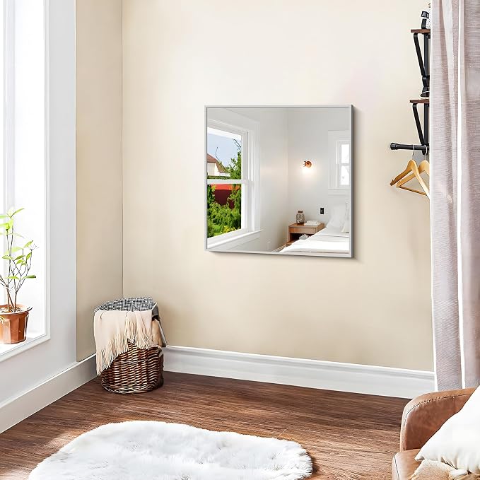 KOCUUY Silver Framed Mirror, 24"x24" Square Bathroom Mirror for Wall, HD Tempered Glass, Anti-Rust Frame, Modern Design for Bathroom, Bedroom, Living Room, Entryway