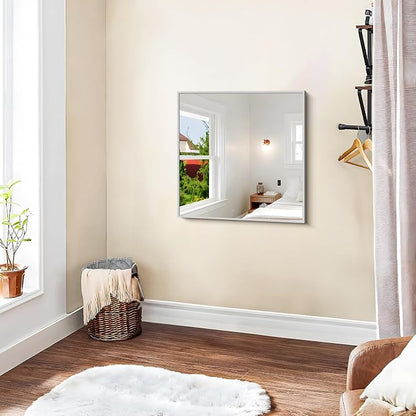 KOCUUY Silver Framed Mirror, 24"x24" Square Bathroom Mirror for Wall, HD Tempered Glass, Anti-Rust Frame, Modern Design for Bathroom, Bedroom, Living Room, Entryway