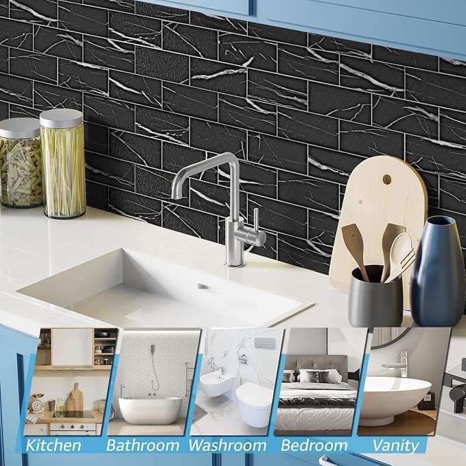 Art3d 102-Pack Peel and Stick Backsplash on Subway Tile, Black Marble | 3 x 6 in, PVC, Self Adhesive, Waterproof, Traceless Peel, Modular Splicing, Ideal for Vanities, Bathrooms