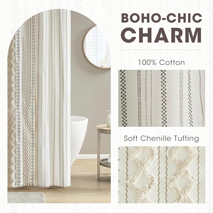 INK+IVY Imani Tufted Chenille 100% Cotton Shower Curtains Machine Washable, Modern Home Bathroom Décor Bathtub Privacy Screen, 72" W x 72" L, Ivory (Pack of 4)