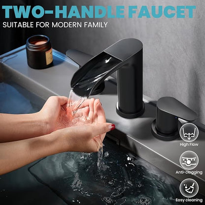 Black Bathroom Faucet - Waterfall Faucets Bathroom 8 Inch, 2 Handles Widespread Vanity Faucets 3 Holes for Lavatory Restroom RV Bathtub with Pop Up Drain & Supply Lines Matte Black